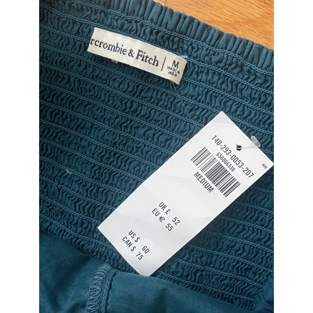 ABERCROMBIE & FITCH Ruched V-Neck Puff Sleeve Smocked Cotton Top Medium Teal NEW